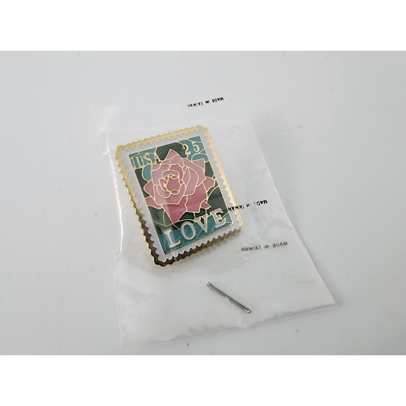 USPS Jewelry - USPS Stamp Pin USA 25 cent LOVE with ROSE stained glass style lapel pin 1988